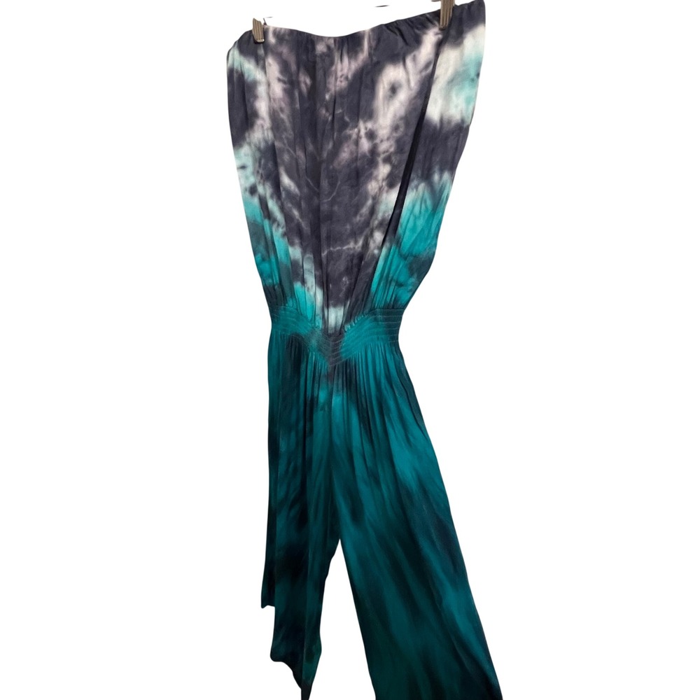 Young Fabulous & Broke YFB Teal Tie Dye Strapless Wide Leg Jumpsuit Medium